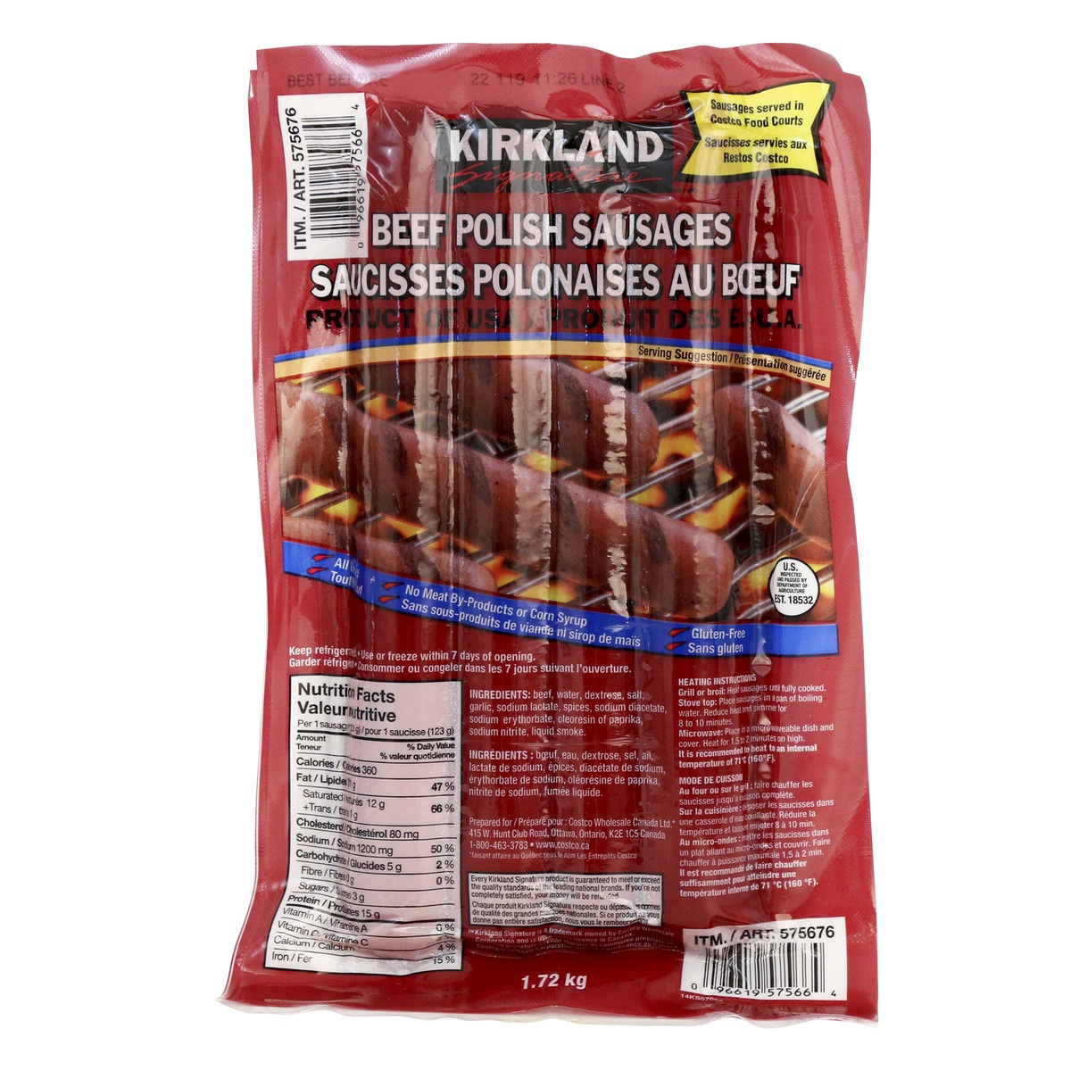 KIRKLAND SIGNATURE POLISH BEEF SAUSAGES 1.72 KG
