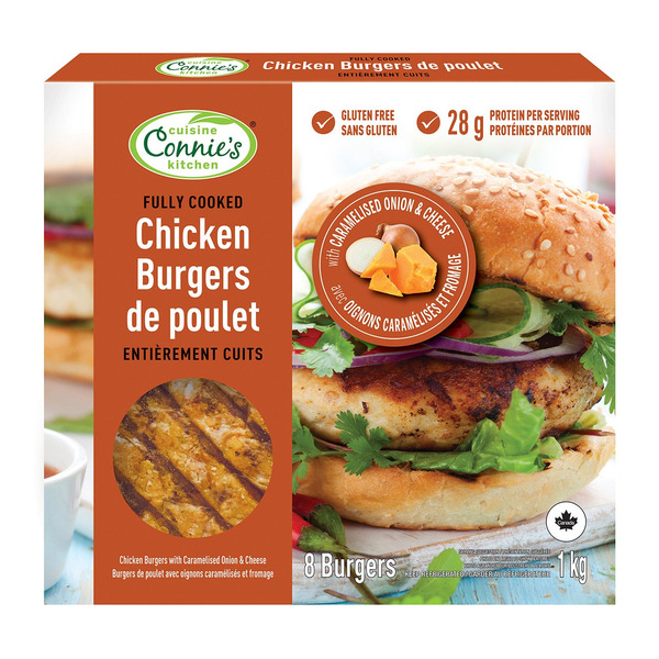 CONNIE'S KITCHEN ONION & CHEESE CHICKEN BURGERS 8 X 125G